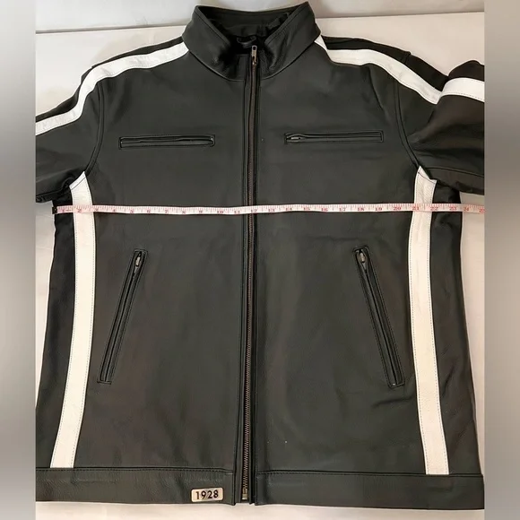 *CUSTOM* Mens Black Cafe Racer Leather Jacket With White Stripes Size L - Picture 11 of 15